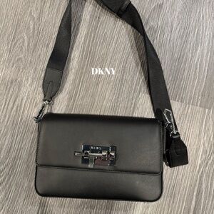 DKNY Black Leather Messenger Bag